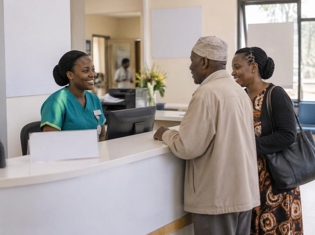 A nurse welcoming an older man and his daughter at a reception desk